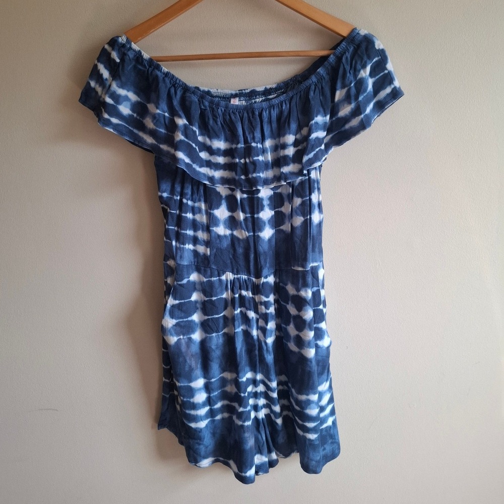 NEW Boho Coastal Indigo Tie Dye Striped Rompers Off Shoulder Flowy Smocked Sz XS